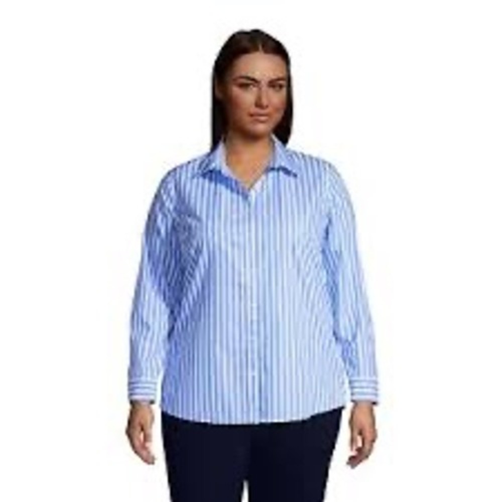Lands' End blue & white striped button down shirt 100% Supima cotton women's 14
